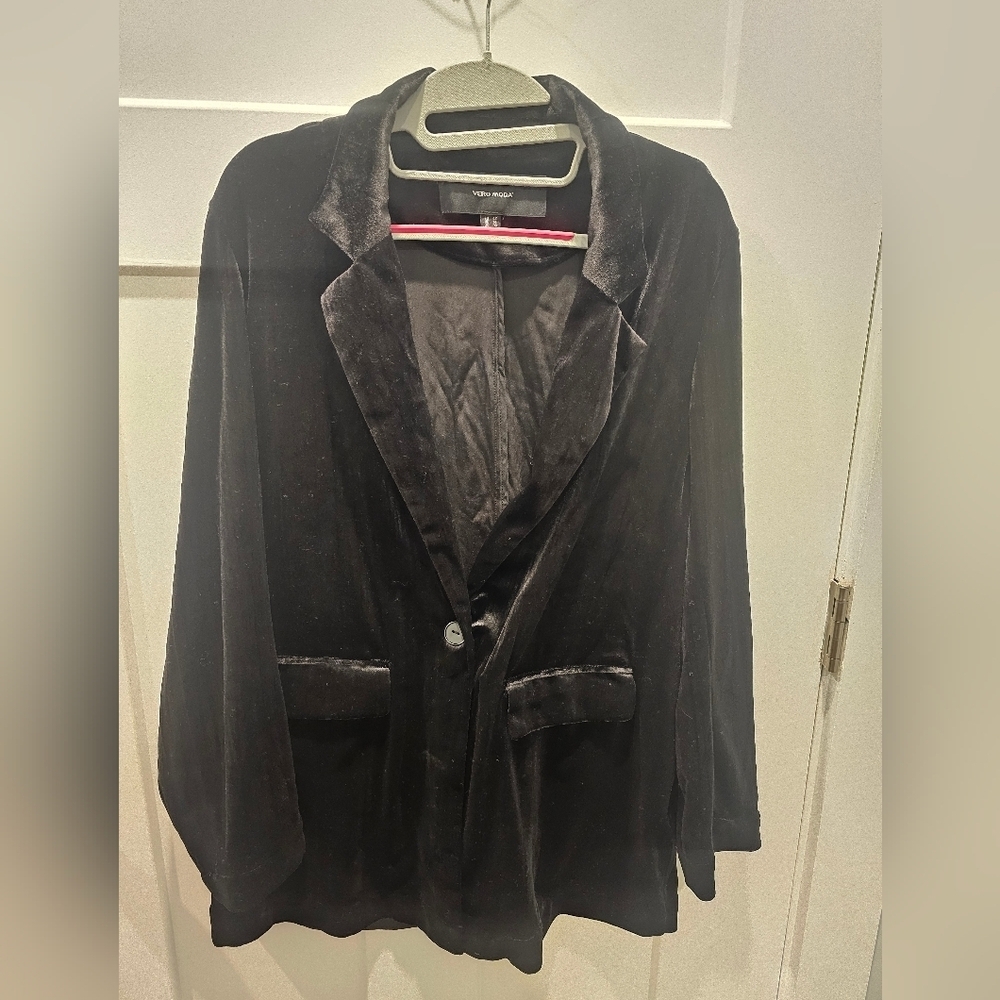 Vero Moda Black Velvet Blazer 10 Longline One Button Corrie Jacket Holiday